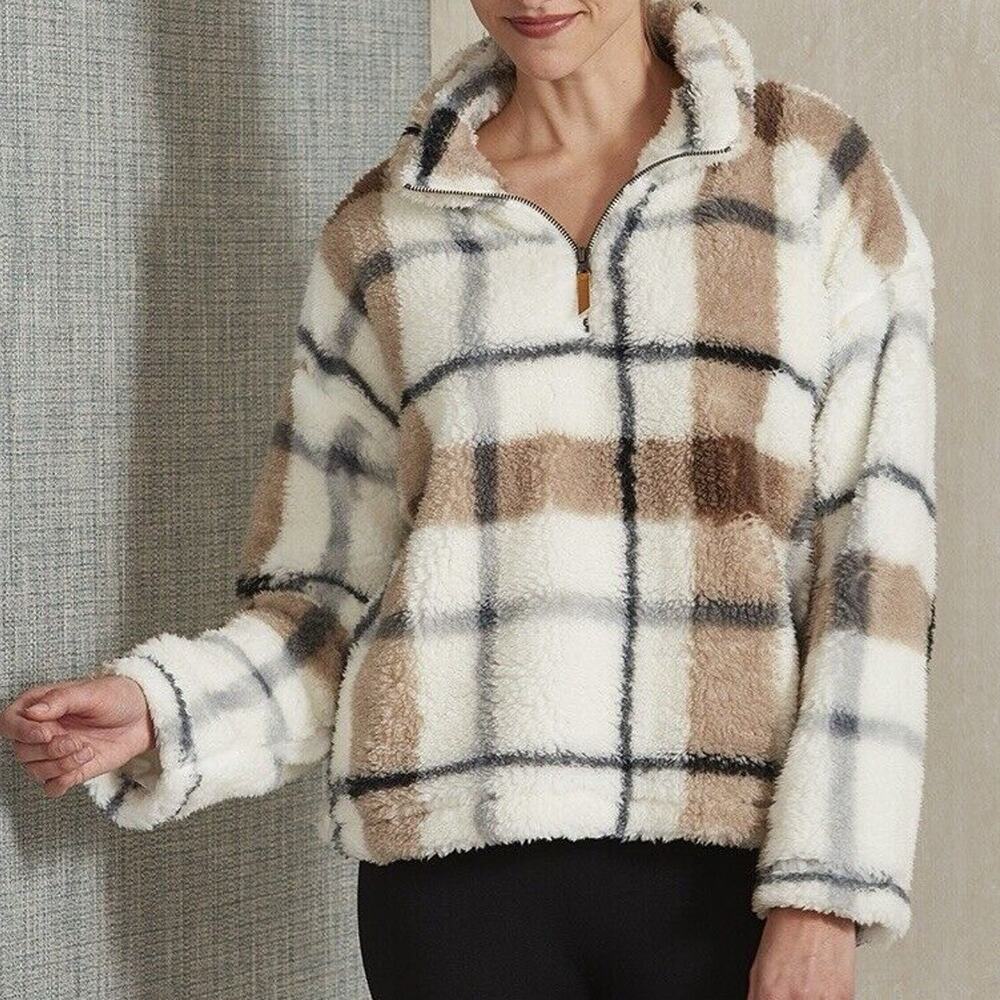Thread & Supply 1/4 Zip Pullover Sherpa Deep Pile Fleece Plaid XS